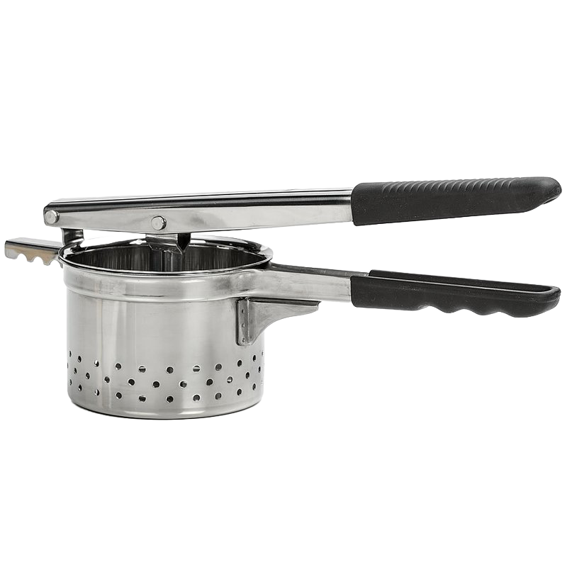Stainless steel ricer with black ergonomic handles designed for smooth, lump-free mashed potatoes and ideal for kitchen gadgets, cooking helpers, and food preparation.