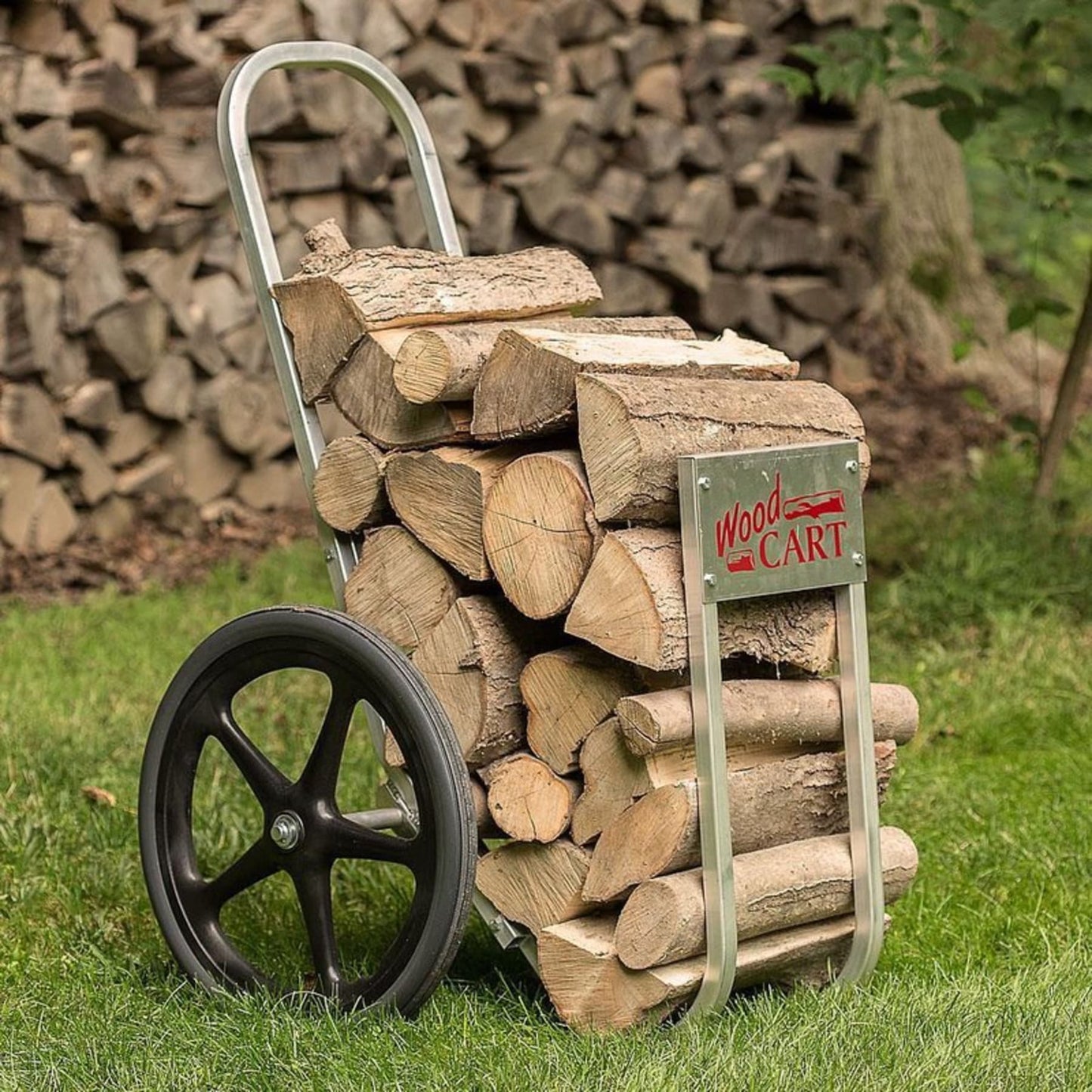 Handcrafted lightweight wood cart with aluminum frame loaded with split firewood, designed for easy hauling on rough terrain, part of Farm, Garden & Tool and USA Made collections.