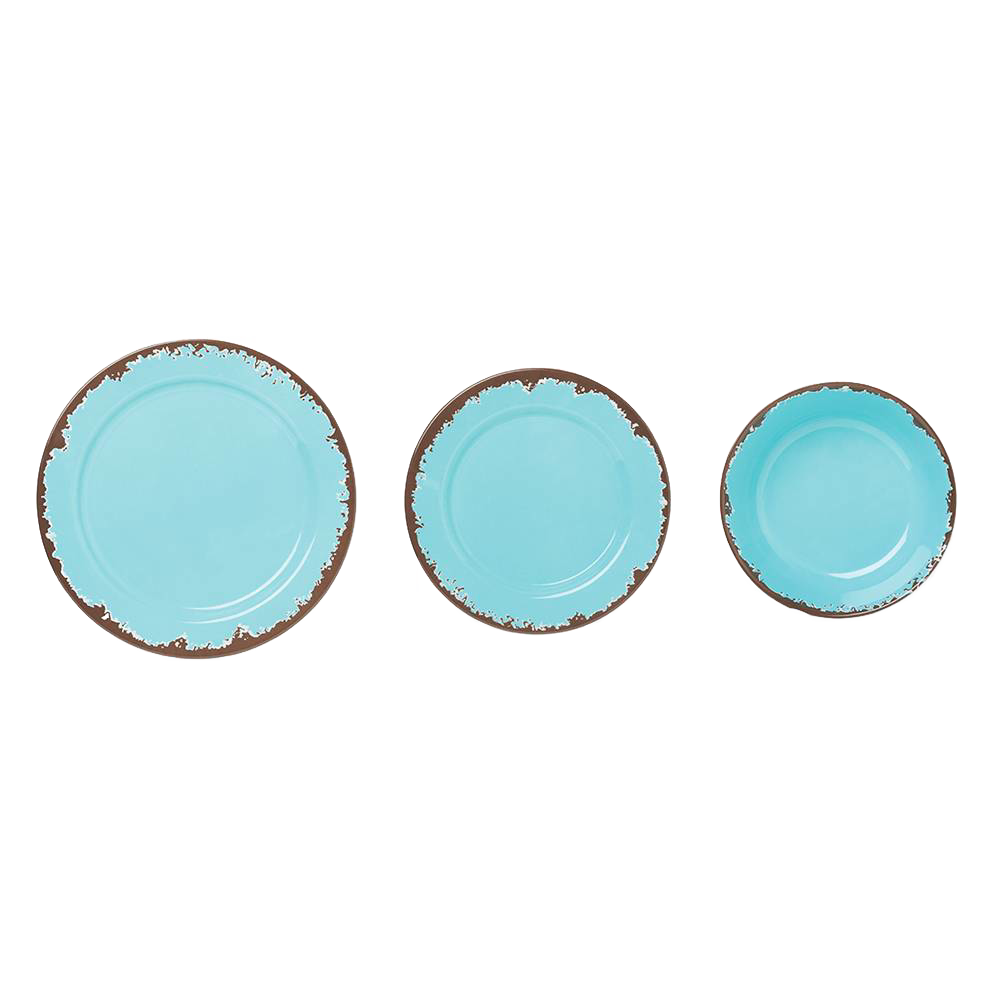 Three-piece set of rustic turquoise melamine dishes featuring distressed brown edges, including dinner, salad, and shallow bowl, ideal for Kitchen & Food, Storage and Serving, Best Sellers, and Promo Eligible collections.