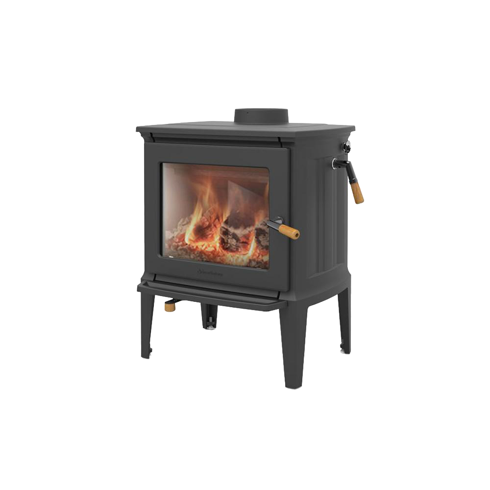 Matte black wood heat stove with large glass door showing burning logs, featuring wooden handle accents, designed for Stoves, Heatstoves, Best Sellers, and Hearthstone Wood Heatstoves collections.