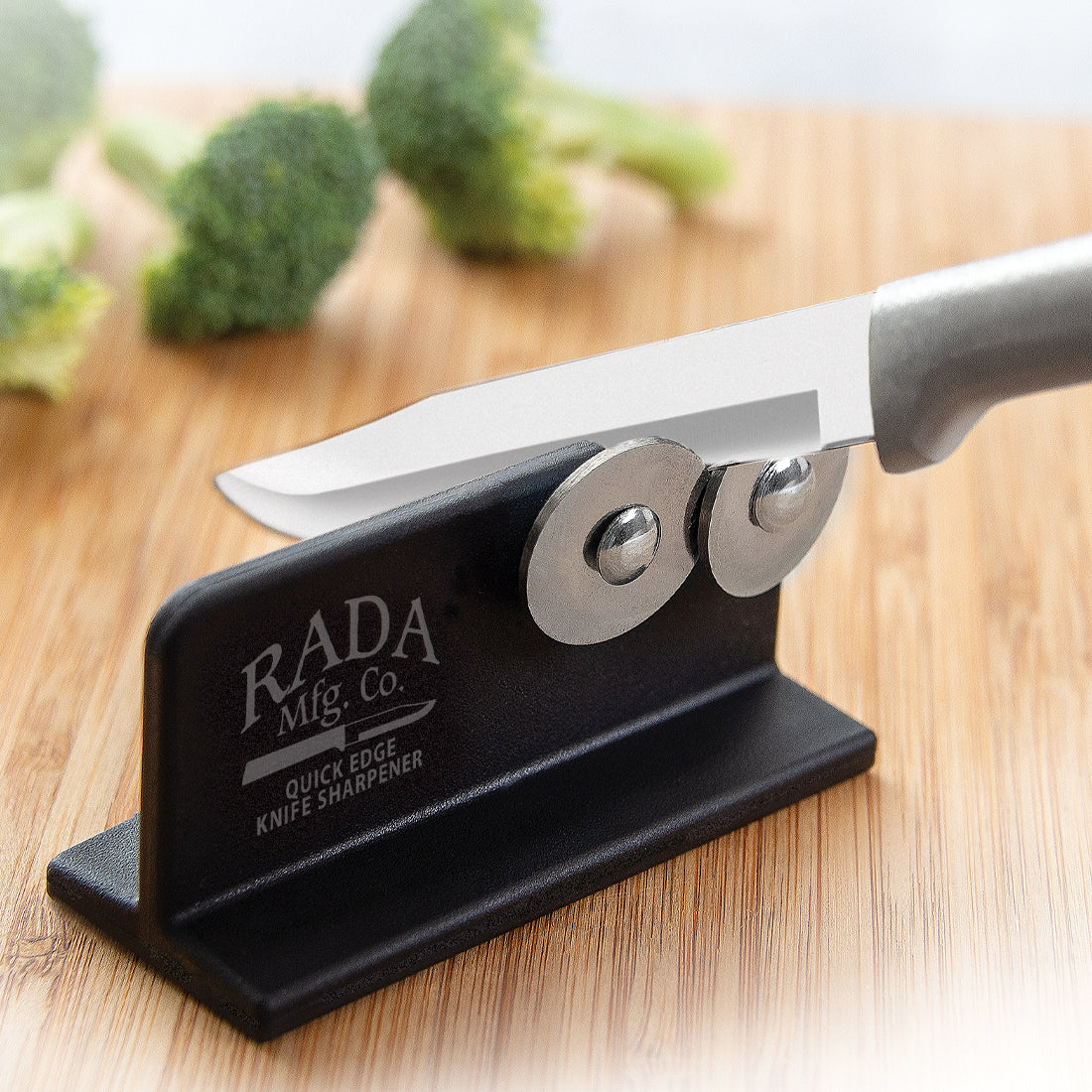 Handcrafted USA made Quick Edge Knife Sharpener with dual polished sharpening wheels and reinforced nylon base, featured in Kitchen & Food, Sharpening, and Best Sellers collections.