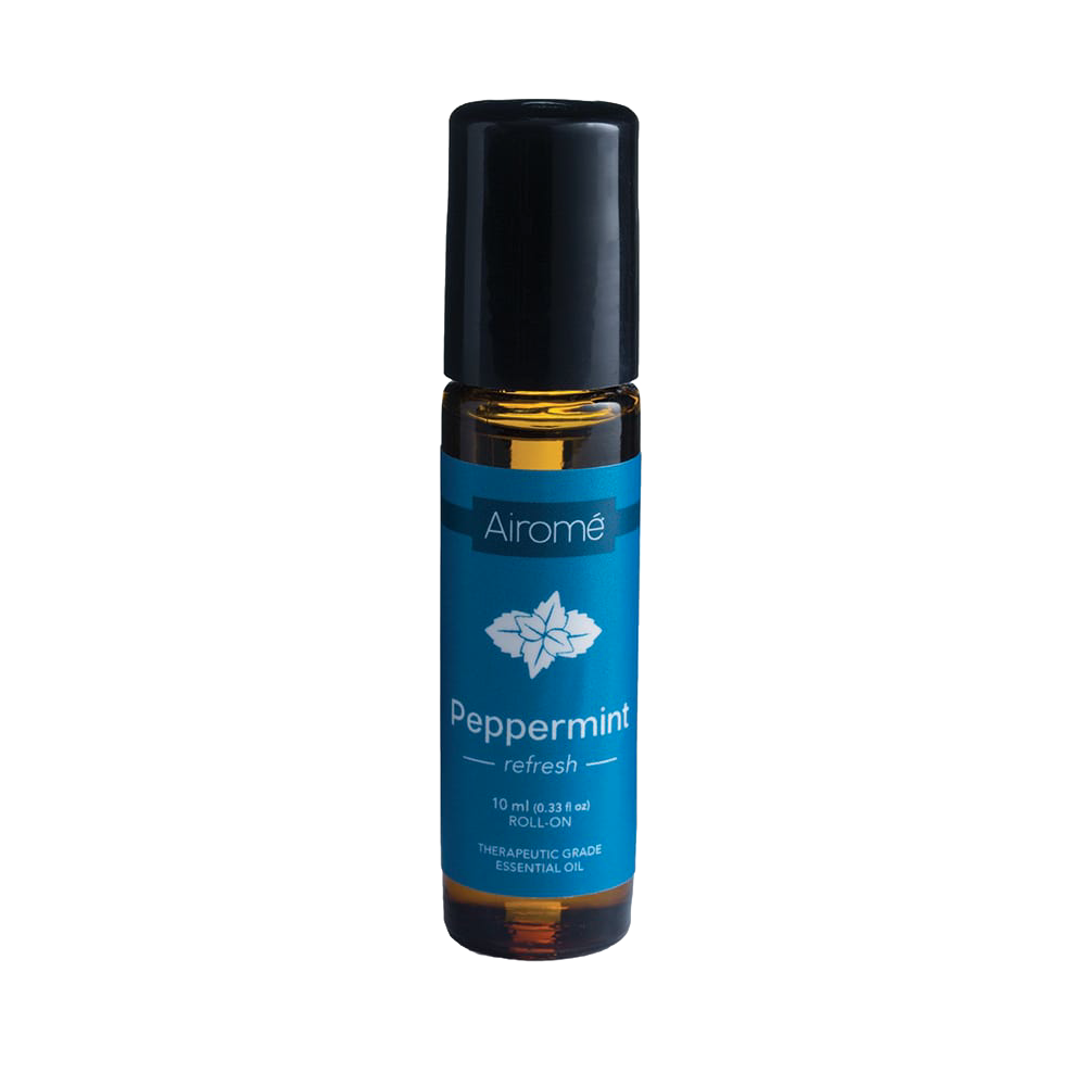 Amber glass roll-on bottle with a black cap containing peppermint essential oil, handcrafted and ready to use, featured in Health & Wellness, Health Remedies, and Best Sellers collections.