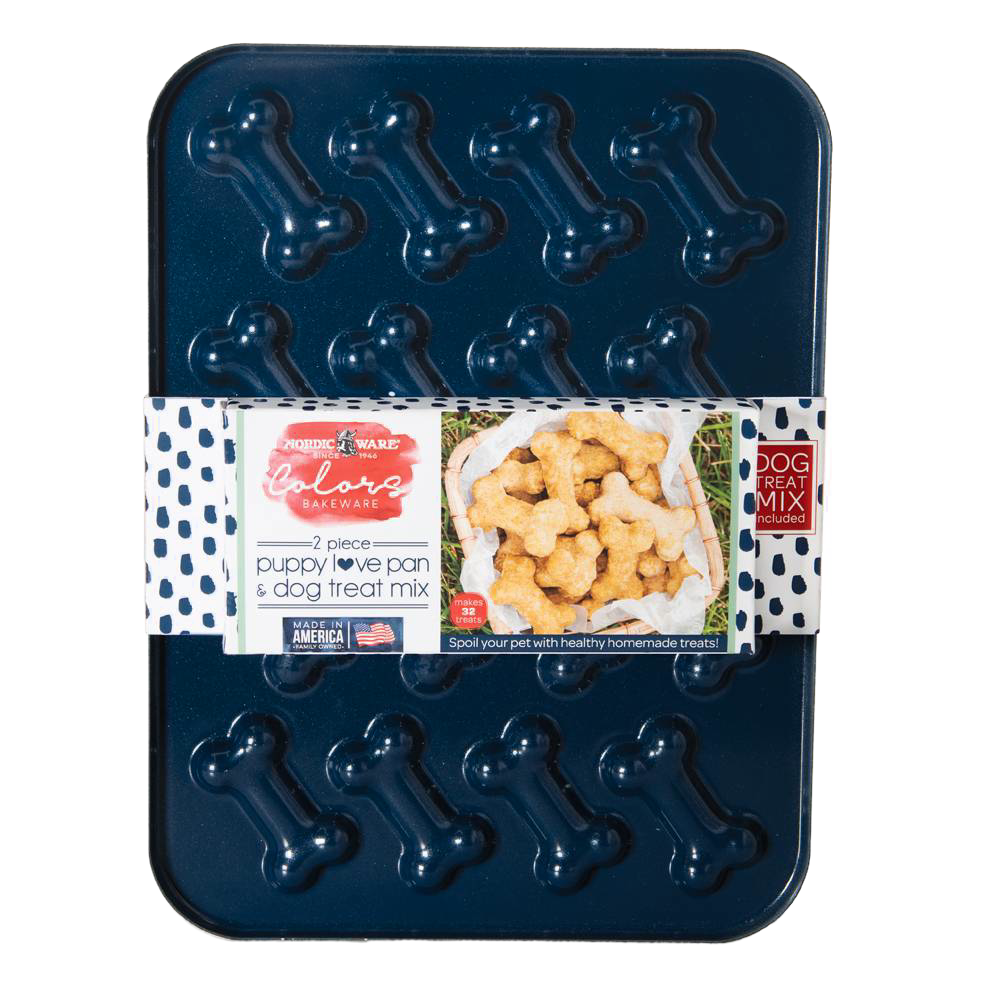 Aluminum bone-shaped dog treat pan with a bag of mix for homemade healthy pet snacks, crafted for pet lovers in Home & Decor, Pet Supplies, and Best Sellers collections.