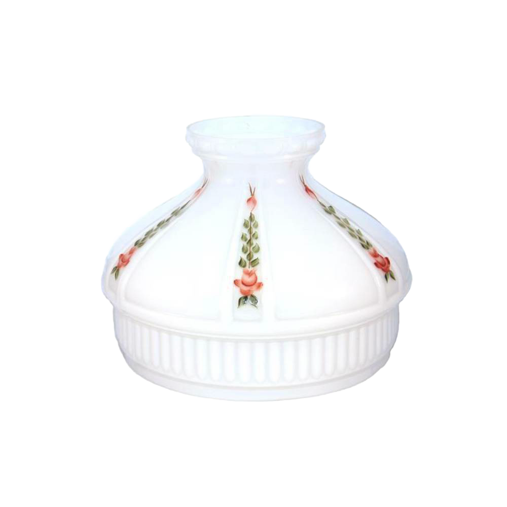 Handcrafted opal glass oil lamp shade with red rose and green leaf patterns, designed to soften light, ideal for lamps and lighting, parts and accessories, and best sellers collections.