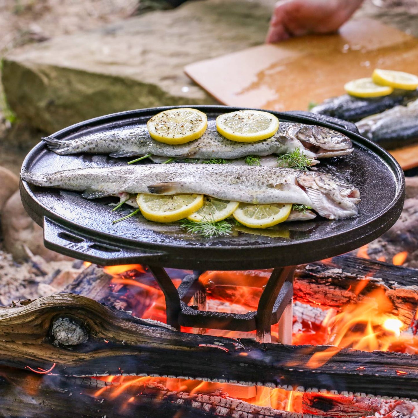 Handcrafted cast iron pan cooking fresh whole fish topped with lemon slices and herbs over an open campfire, ideal for Farm, Garden & Tool, Kitchen & Food, Camping, Cookware, Cast Iron, USA Made, Best Sellers, Promo Eligible collections.