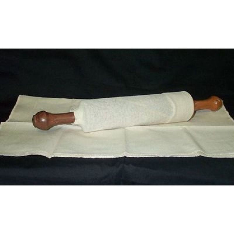 Natural cotton pastry cloth laid flat with a wooden-handled rolling pin covered by a fitted fabric sleeve, handcrafted for baking and kitchen use in Cooking and Baking Helpers and Best Sellers collections.