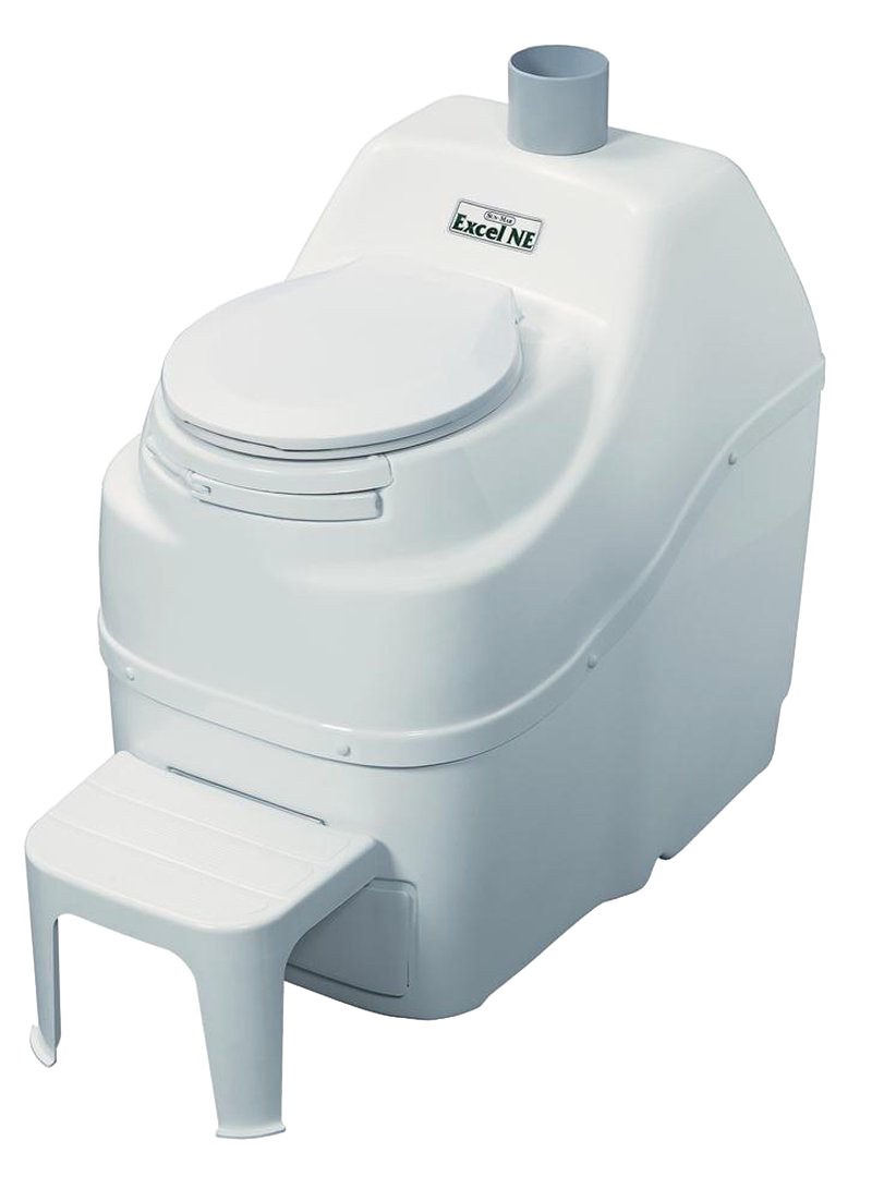 Compact non-electric composting toilet with white durable plastic construction, built-in footrest, vent pipe, designed for remote use and off-grid living in appliances and composting toilets collections.