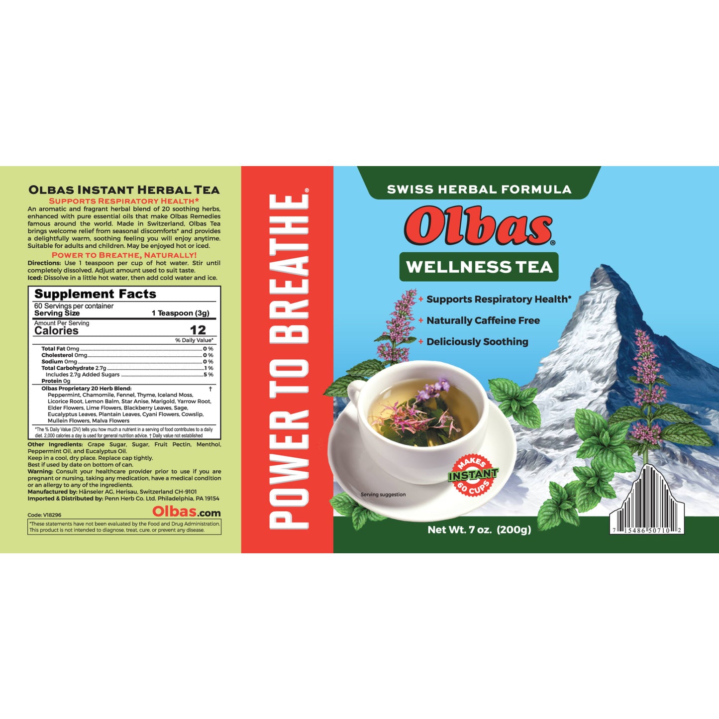 Colorful label of Olbas Wellness Herbal Tea packaging featuring Swiss herbal formula branding, respiratory support claims, and an image of a steaming tea cup with herbs, ideal for Kitchen & Food, Brewing Coffee and Tea, Best Sellers, and Promo Eligible collections.