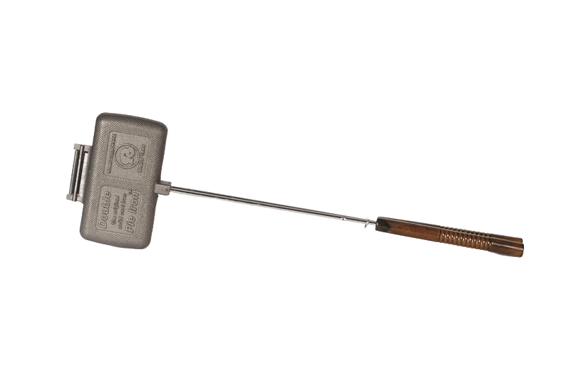 Handcrafted cast iron double sandwich iron with a long handle and wooden grip, featuring an open-hinged design for easy cleaning, perfect for Farm, Garden & Tool and Camping collections.
