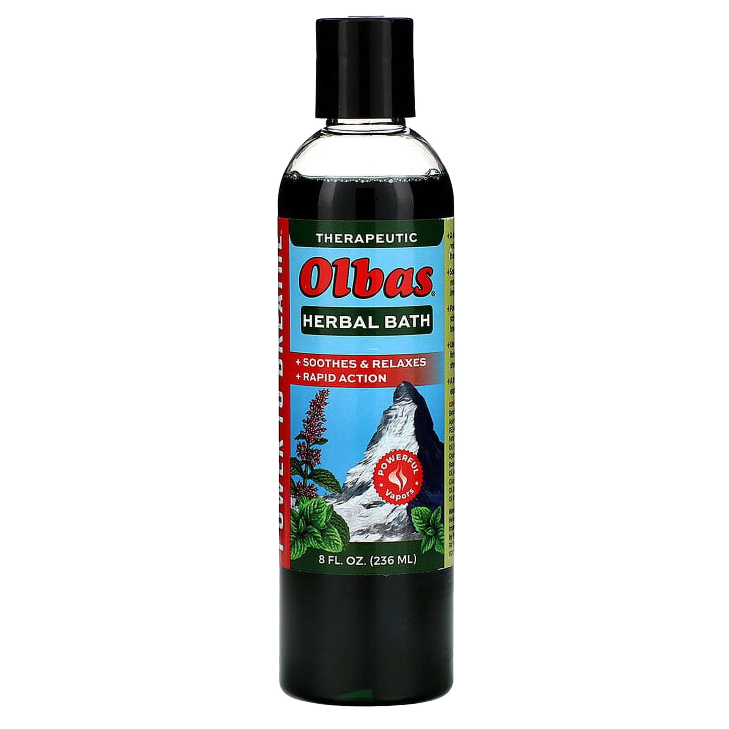Dark green bottle of Olbas Herbal Bath liquid with black cap, featuring a colorful label highlighting soothing therapeutic herbal ingredients and invigorating aroma for health and wellness.