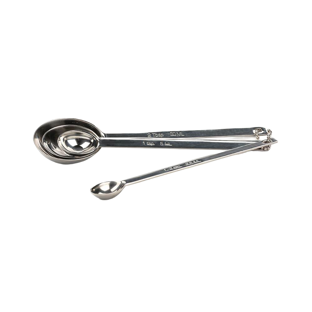 Set of four handcrafted long handle stainless steel measuring spoons including 2 Tbsp, 1 Tbsp, 1 tsp, and ½ tsp for easy scooping in Kitchen & Food, Bakeware, and Measuring collections.