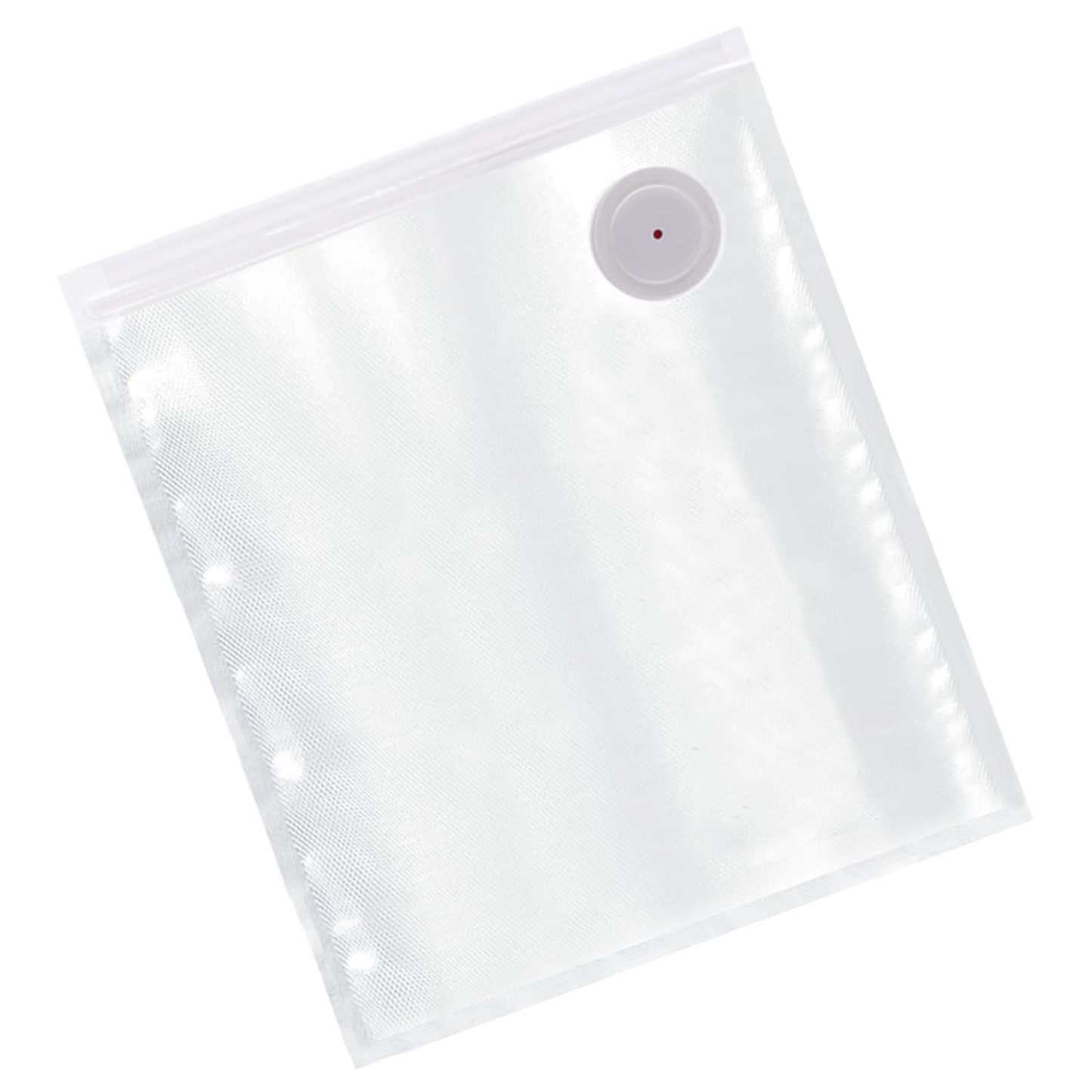 Clear reusable vacuum zipper bag with sealing port, designed to extend freshness of lunch meat, cheese, and vegetables, featured in Kitchen & Food and Food Preservation collections.