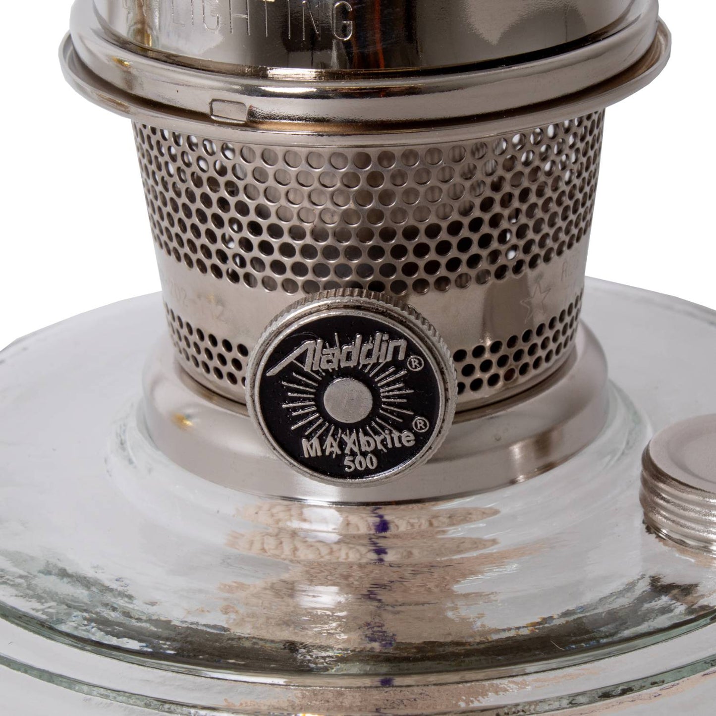 Handcrafted clear glass oil lamp burner featuring a polished metal perforated cover with a branded adjustable wick knob, perfect for Farm, Garden & Tool and Emergency Supplies collections.
