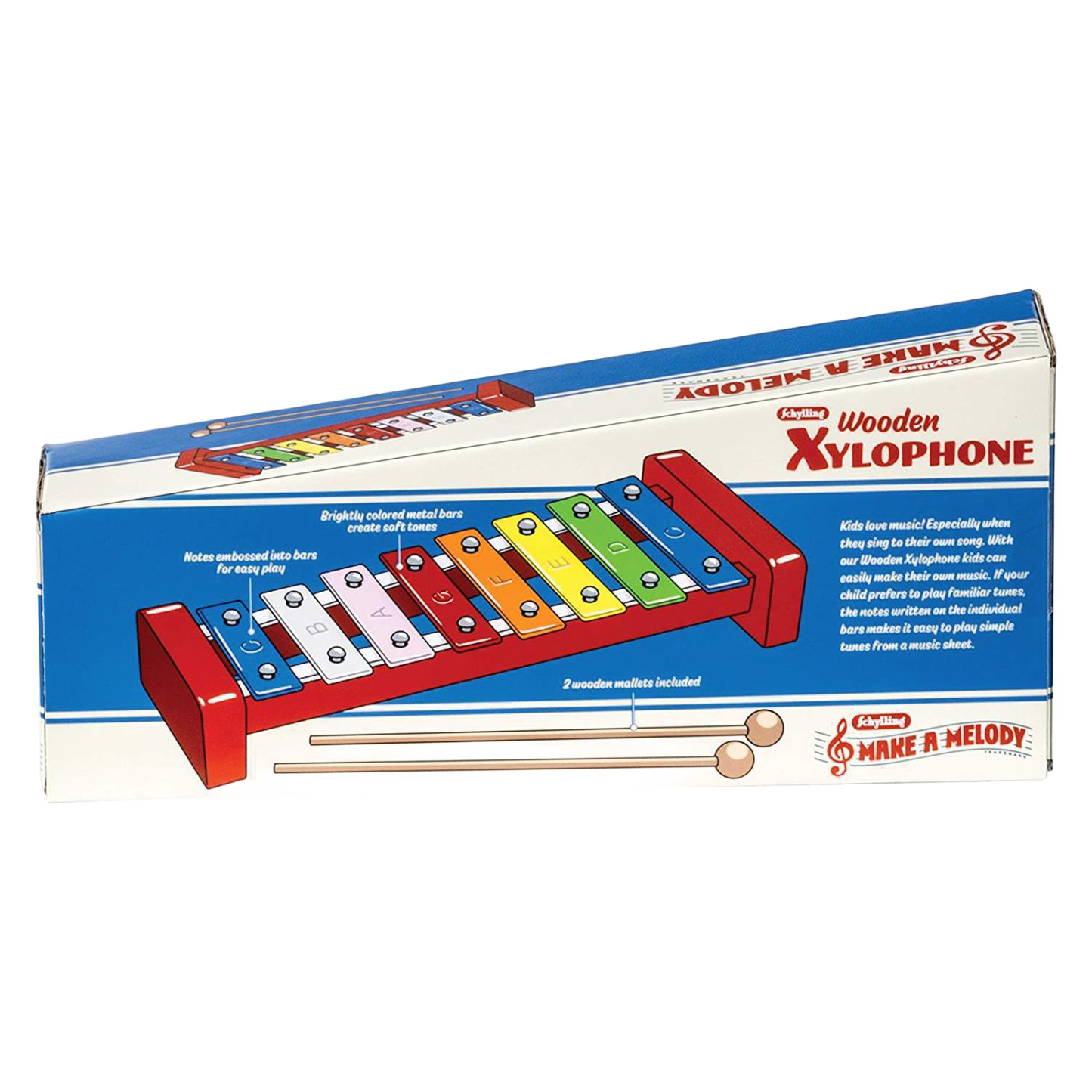 Colorful wooden xylophone with eight brightly painted metal keys, printed musical notes, and two wooden mallets, designed for children's indoor play and featured in Toys, Books & Games collections.