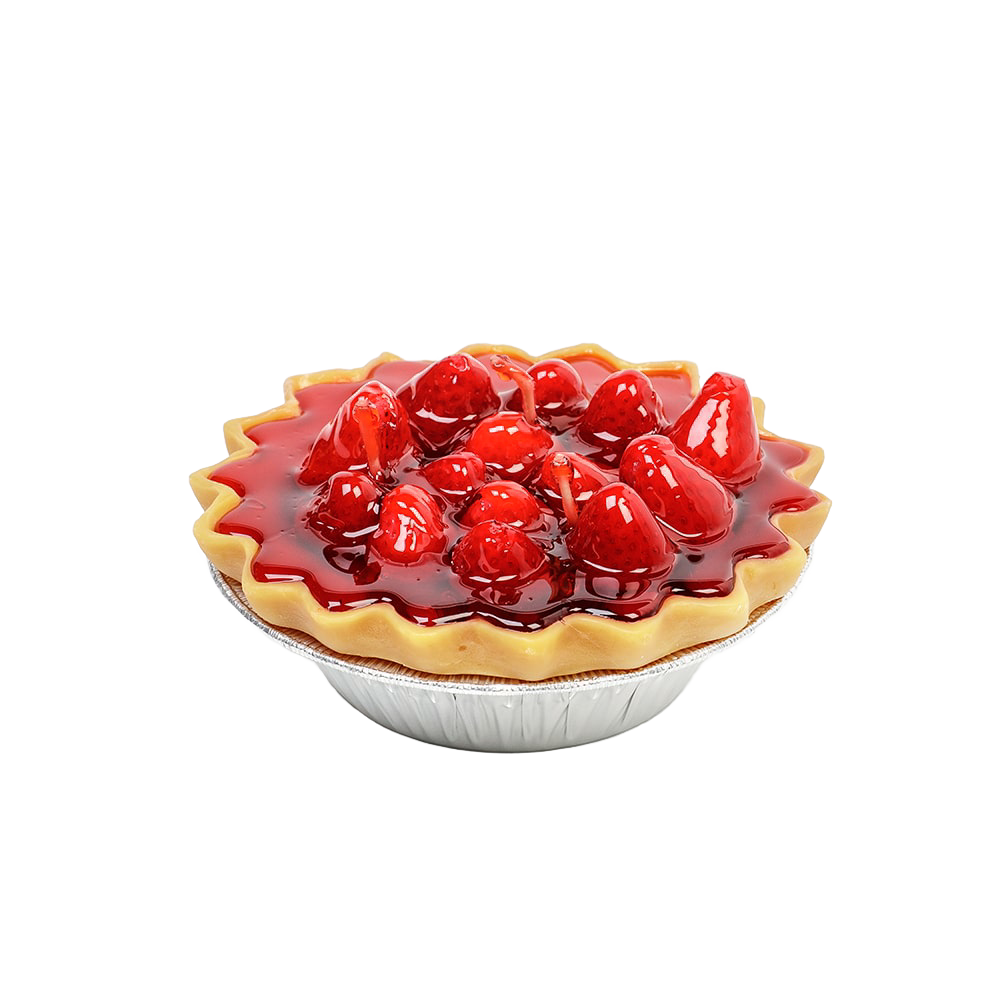 Hand-poured handcrafted candle shaped like a strawberry pie with glossy red topping and realistic berries, perfect for kitchen décor, holiday hosting, and USA made collections.