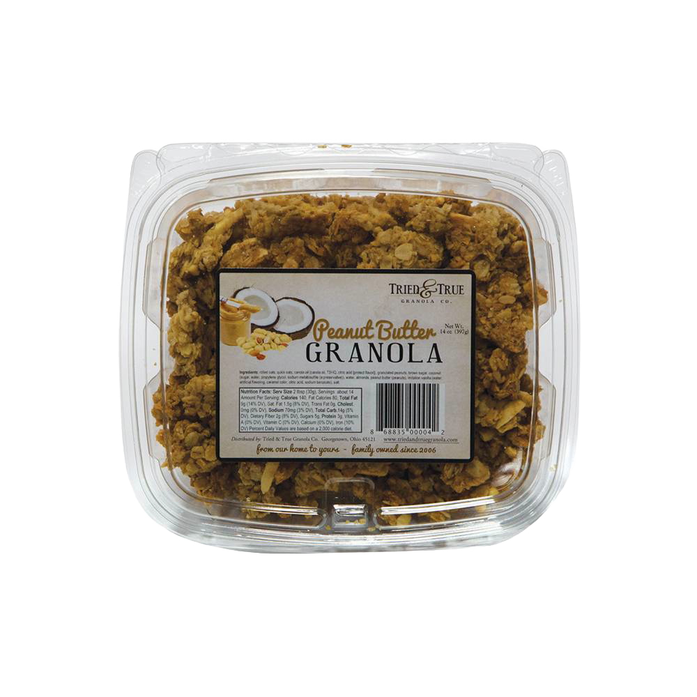 Clear plastic container filled with crunchy peanut butter granola featuring oats and peanut pieces, labeled with brand and nutritional info, part of Kitchen & Food and USA Made collections.
