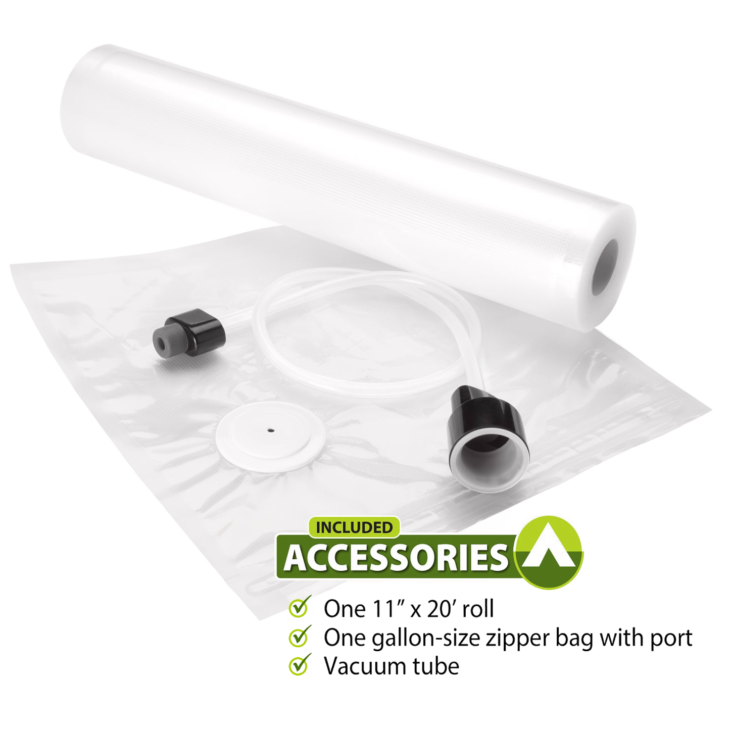 Clear vacuum sealer roll with hose, white round valve, and black adapter parts for airtight food preservation, ideal for Kitchen & Food, Food Preservation, Freezing, Best Sellers, and Promo Eligible collections.