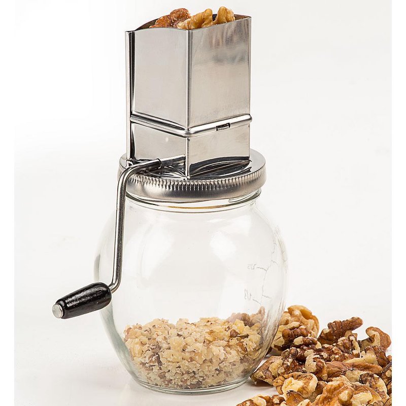 Vintage-style nut grinder featuring a glass jar with measurement lines and a stainless steel hopper and crank, designed for efficient nut chopping in Kitchen & Food and Food Prep collections.