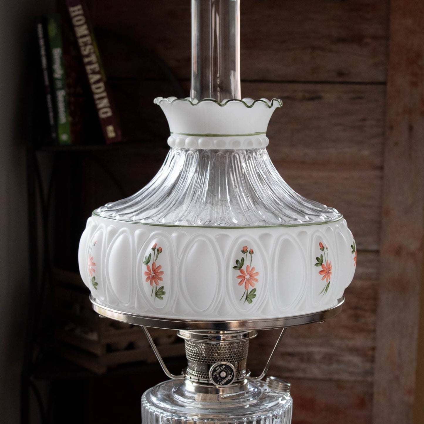 Elegant handcrafted glass lamp shade with pink wildflower motifs and scalloped edge, designed to soften light for oil lamps in Lamps & Lighting, Parts and Accessories, Lamp Shades, Best Sellers, and Promo Eligible collections.