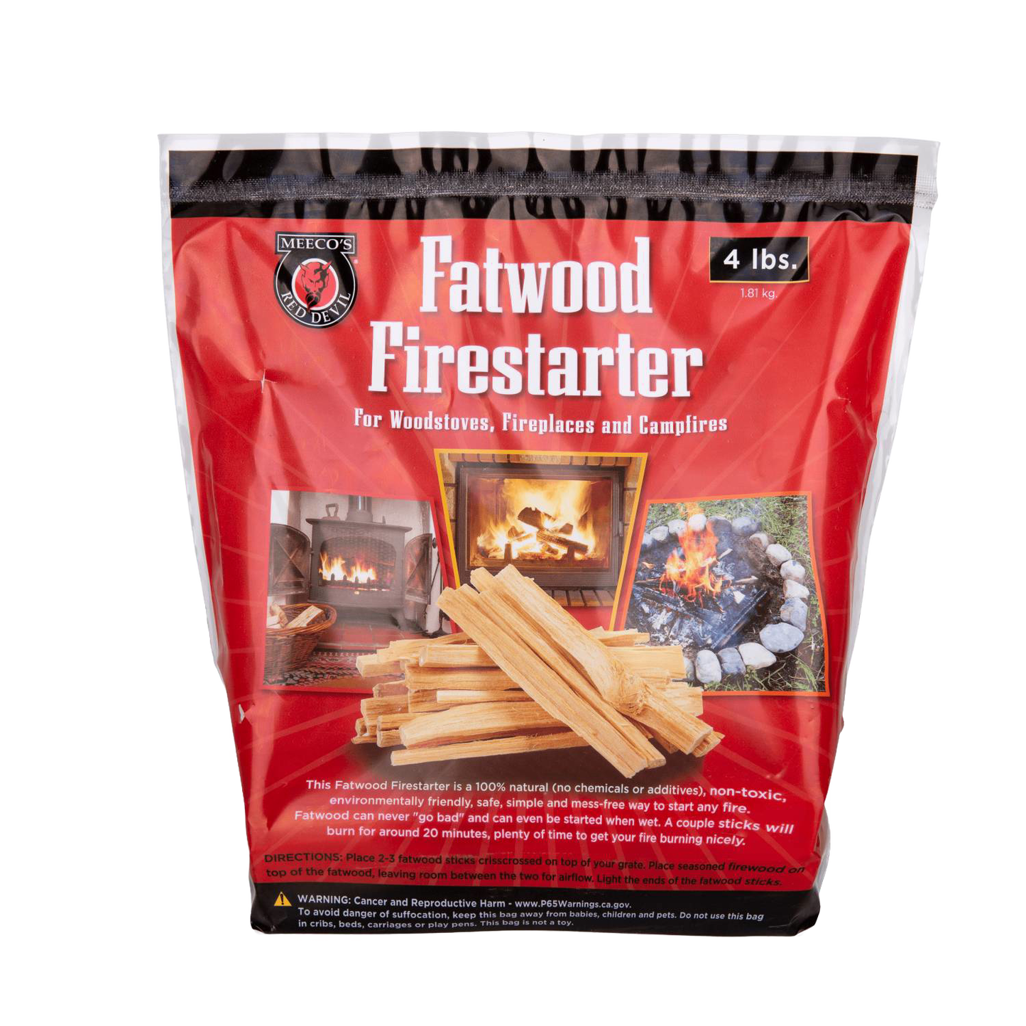 Package of natural pine fatwood sticks for quick fire starting, untreated and chemical-free, designed for use with woodstoves, fireplaces, campfires, and included in Farm, Garden & Tool, Stoves, Camping, and Emergency Supplies collections.