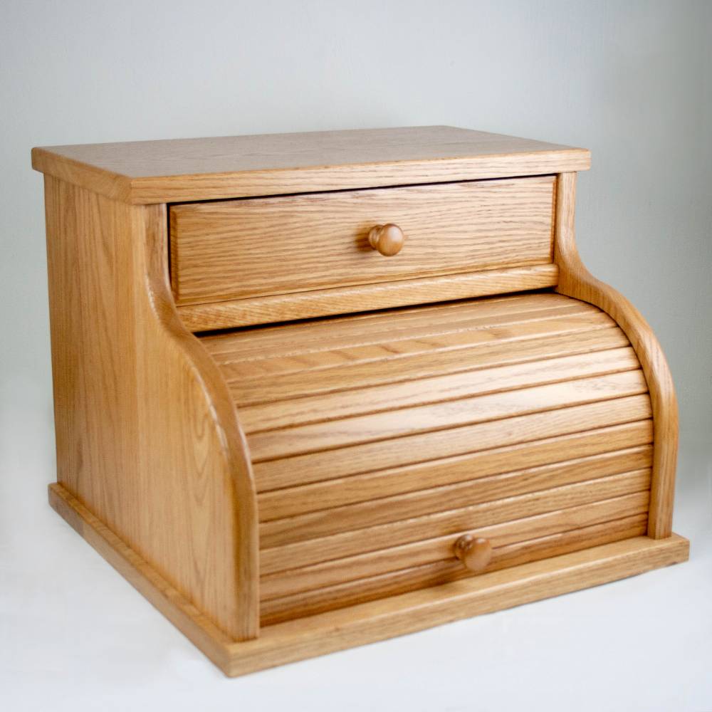 Handcrafted oak roll-top bread box with a smooth honey-brown finish and a drawer, made in USA by Amish artisans, ideal for Kitchen & Food, Storage and Serving, and Best Sellers collections.