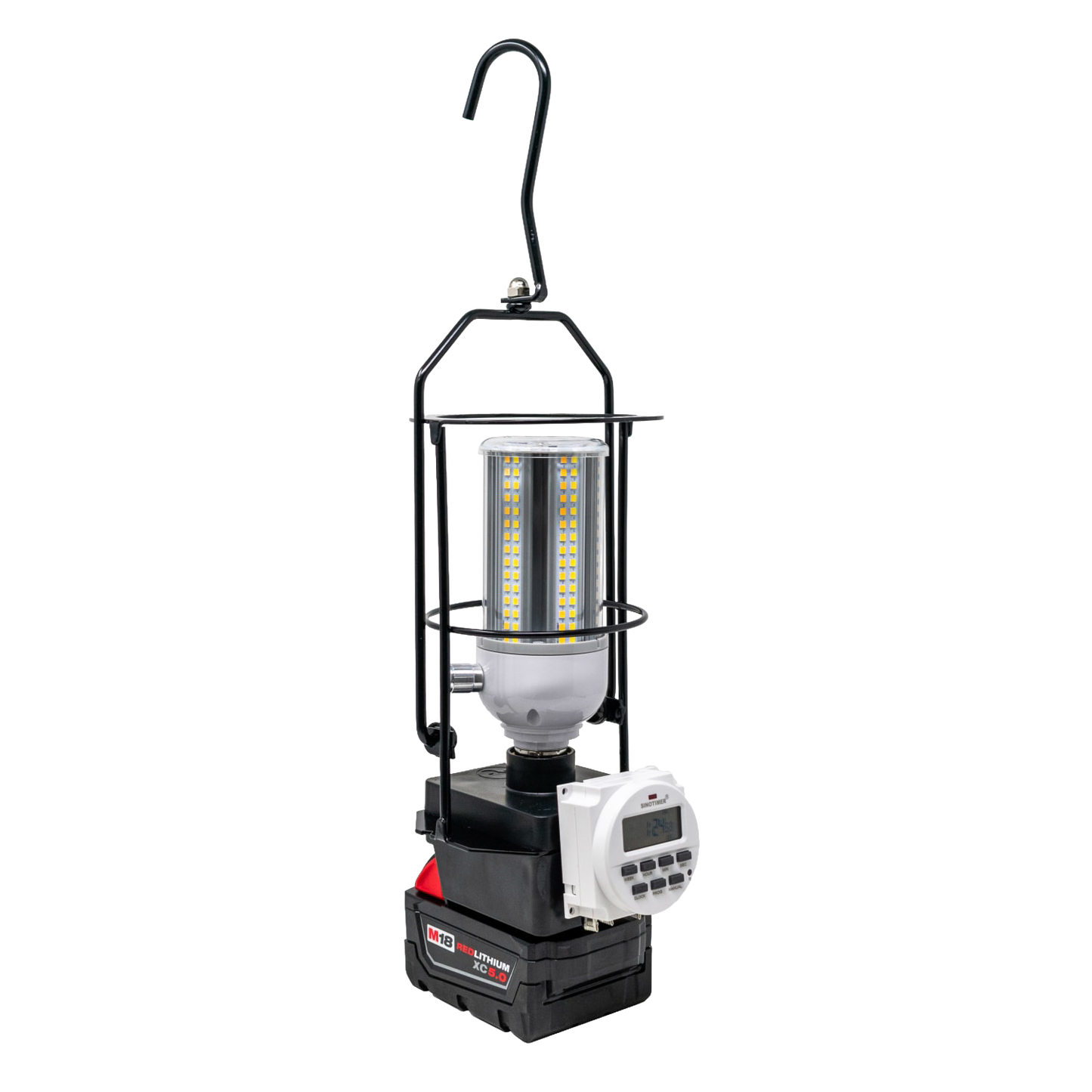 Compact hanging LED light with programmable timer attached, powered by interchangeable Milwaukee or DeWalt batteries, ideal for Lamps & Lighting, Battery, Solar, LED, Best Sellers, and Promo Eligible collections.
