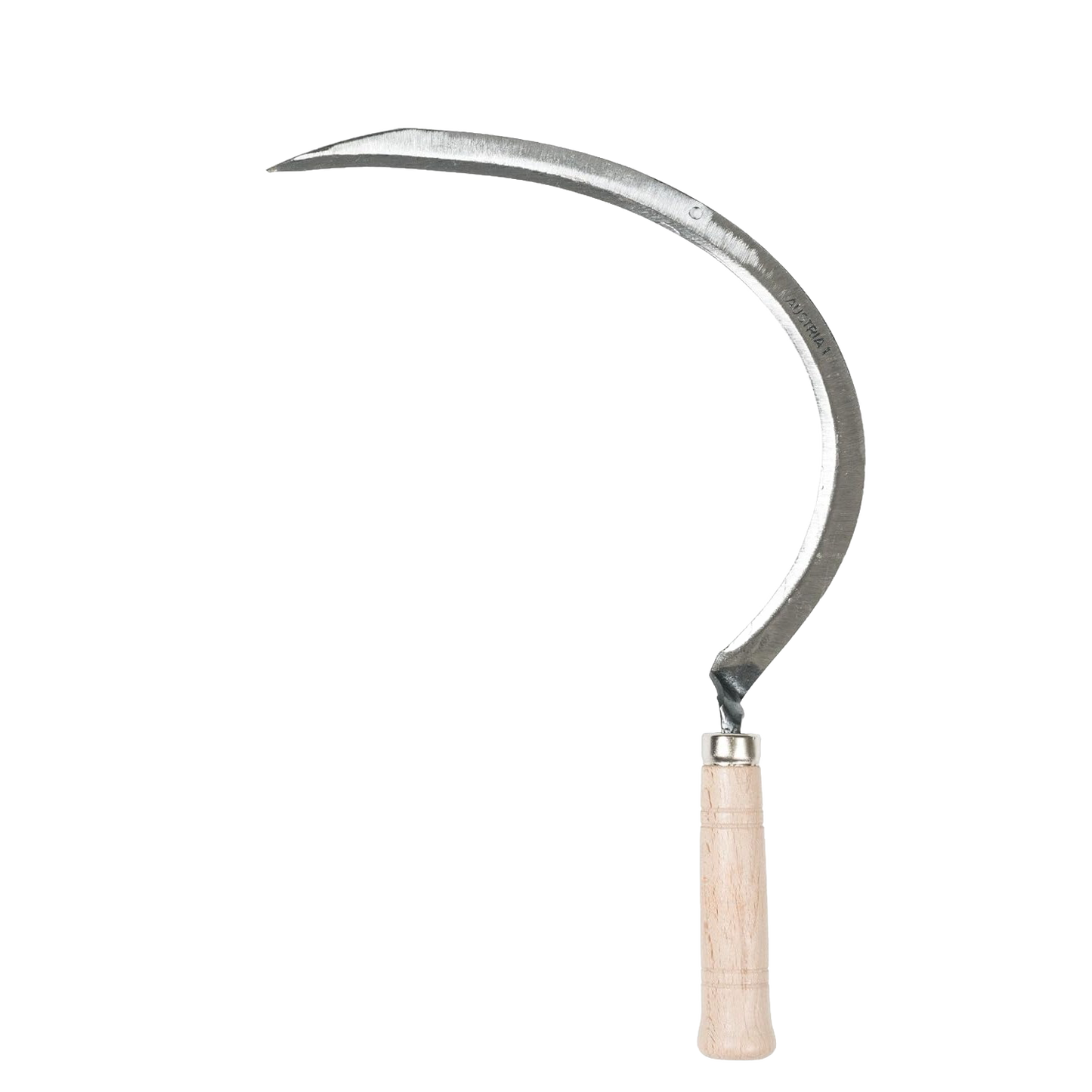 Hand-forged grass sickle with a fine Austrian steel curved blade and smooth hardwood handle, ideal for precise trimming in farm, garden & tool, lawncare, and garden accessories collections.