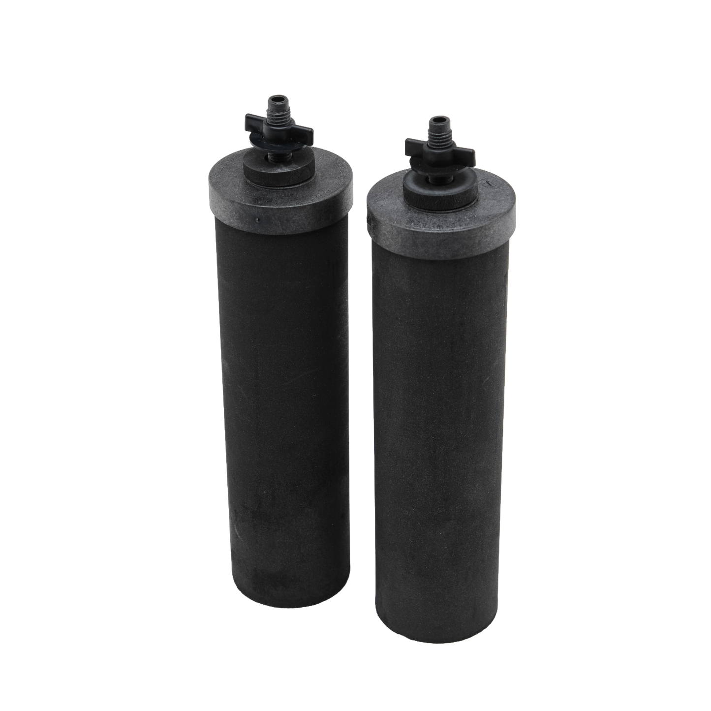 Pair of cylindrical black replacement filters with threaded tops, designed for gravity-fed water treatment, featured in Appliances, Water Heating and Treatment, and Best Sellers collections.