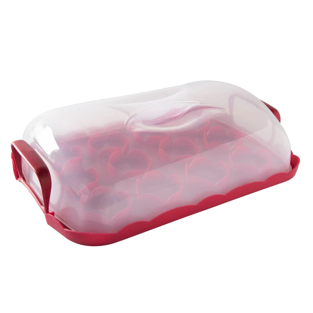 Clear domed container with scalloped red edges and snap-lock handles, designed to hold a dozen cupcakes, crafted for Kitchen & Food, Baking Supplies, Storage and Serving, and USA Made collections.