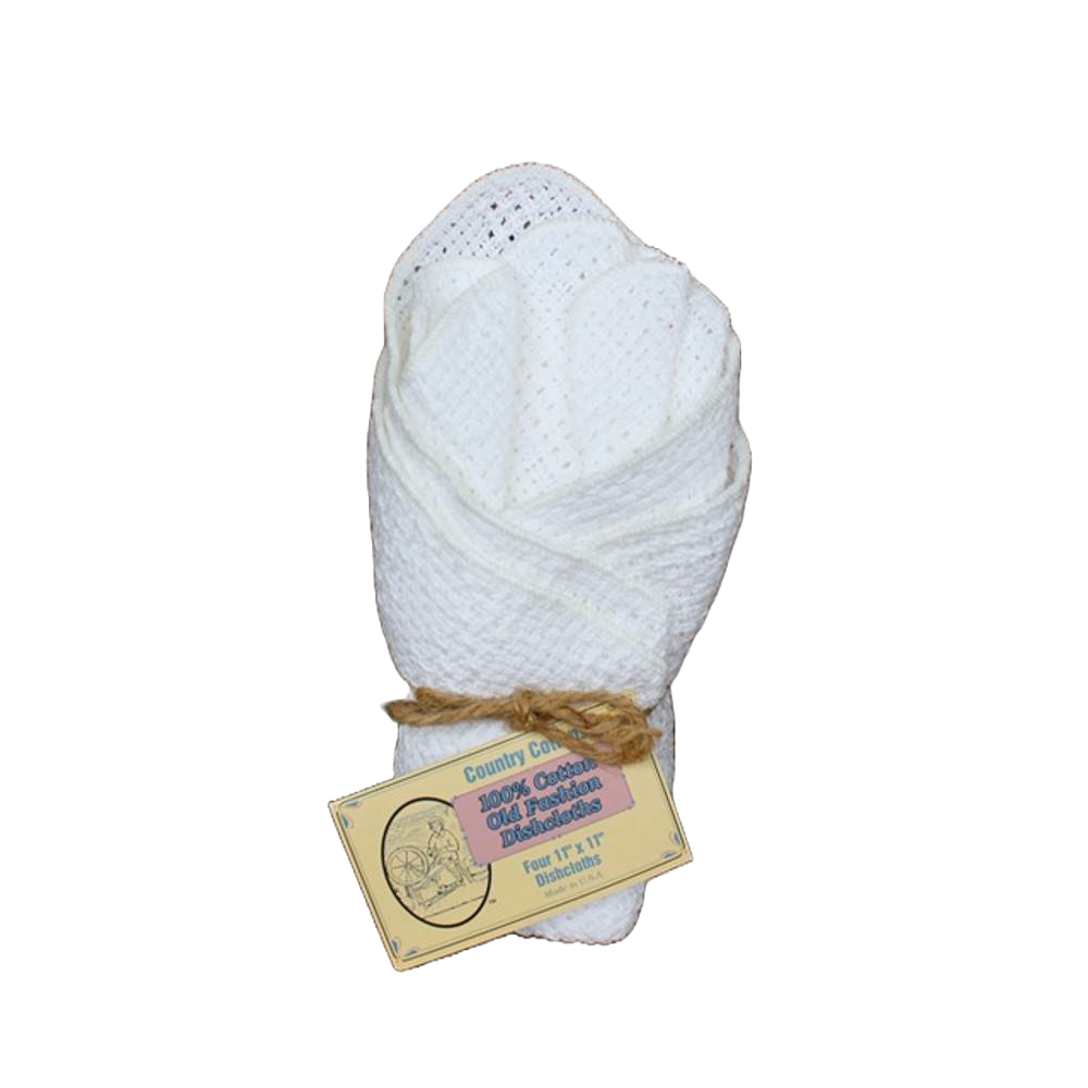 Set of four pre-shrunk 100% cotton dishcloths in natural cream, bundled with rustic twine and a vintage-style tag, perfect for Kitchen & Food, Kitchen Textiles, USA Made, and Best Sellers collections.