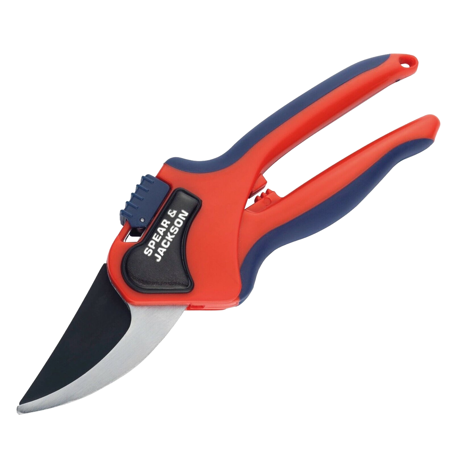 Large bypass pruning shears with ergonomic red and blue handles and sharp carbon steel blades, designed for smooth cuts on green stems in Farm, Garden & Tool and Lawncare collections.