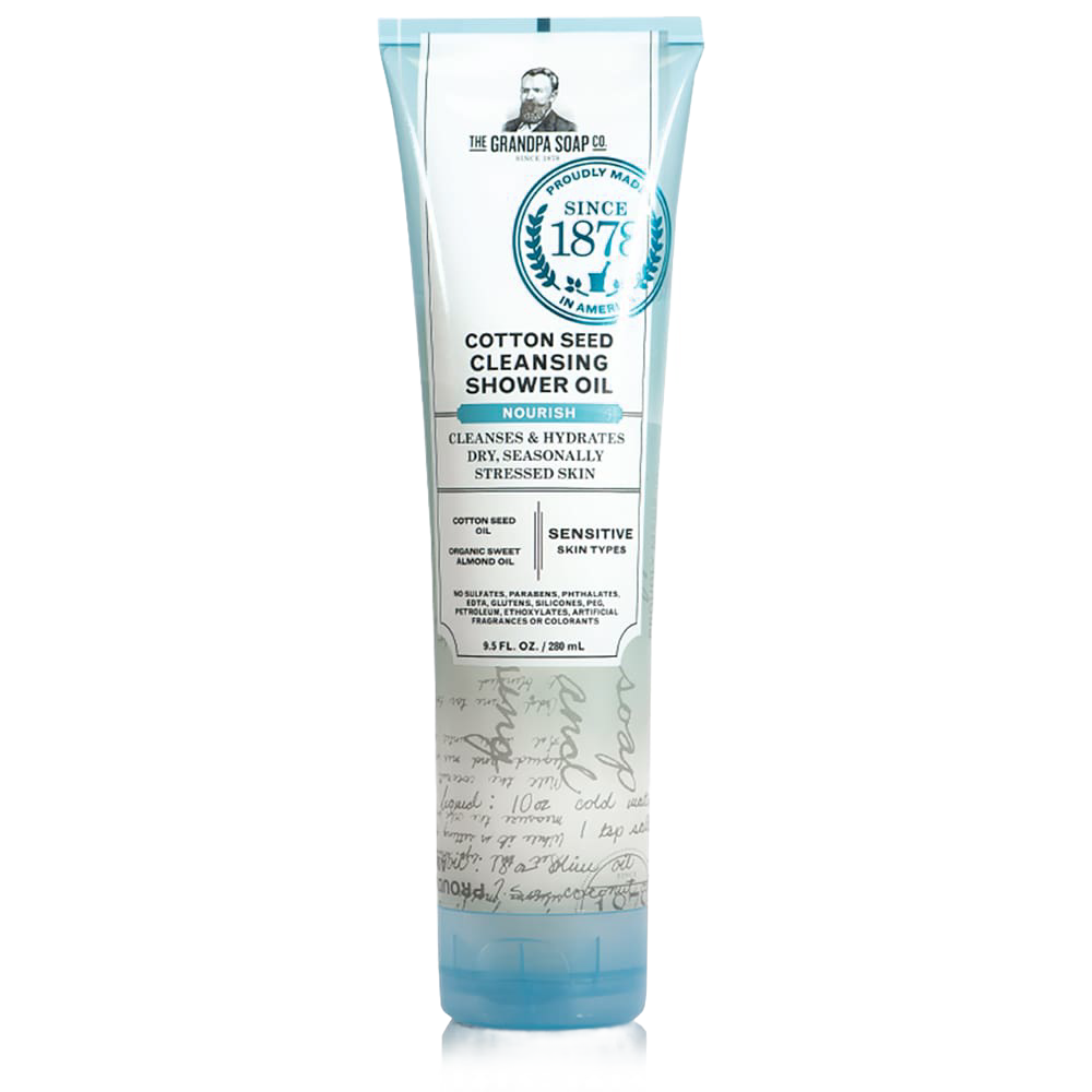 Tube of cotton seed cleansing shower oil with calming cotton and almond scent, made in USA, ideal for sensitive skin care in Health & Wellness and Grooming collections.