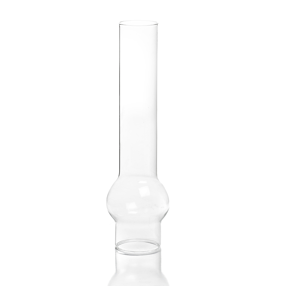 Clear glass chimney with a bulbous midsection and narrow top, handcrafted and designed for table, shelf, or cottage oil lamps, part of lamps and accessories collections.
