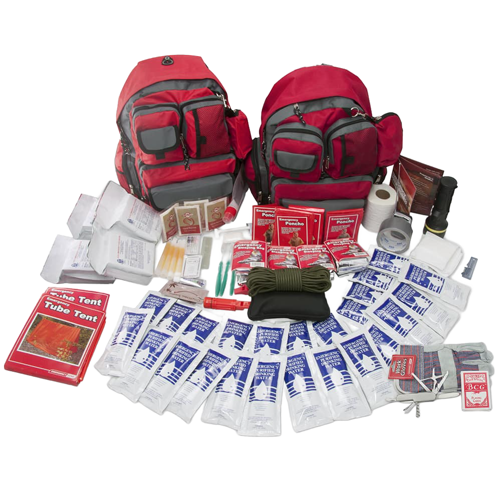 Two red backpacks surrounded by assorted emergency survival supplies including water pouches, food packets, a manual tent, rope, flashlight, and basic first aid items for a mid-level family emergency kit in Farm, Garden & Tool and Emergency Supplies collections.