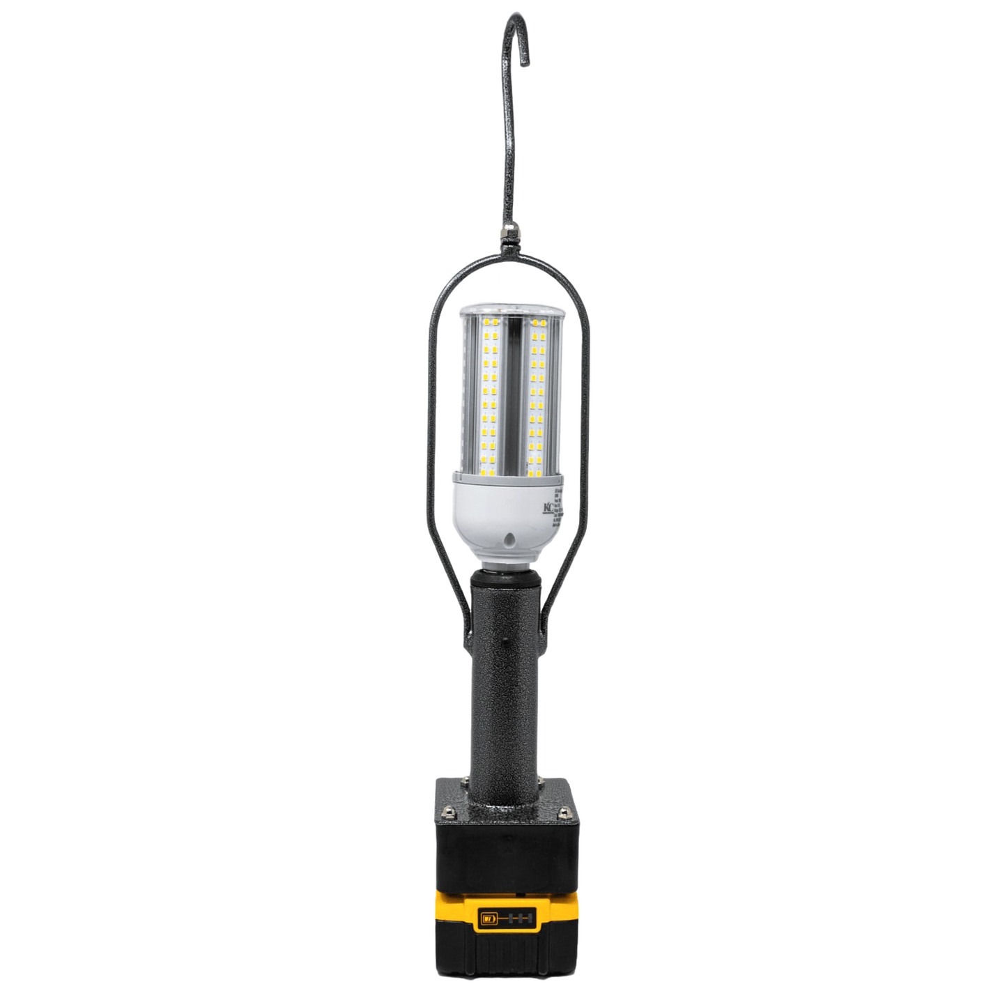 Rugged handheld LED lantern with metal frame and hanging hook, powered by compatible Milwaukee or DeWalt battery, ideal for camping, emergency, and outdoor lighting in Lamps & Lighting collections.