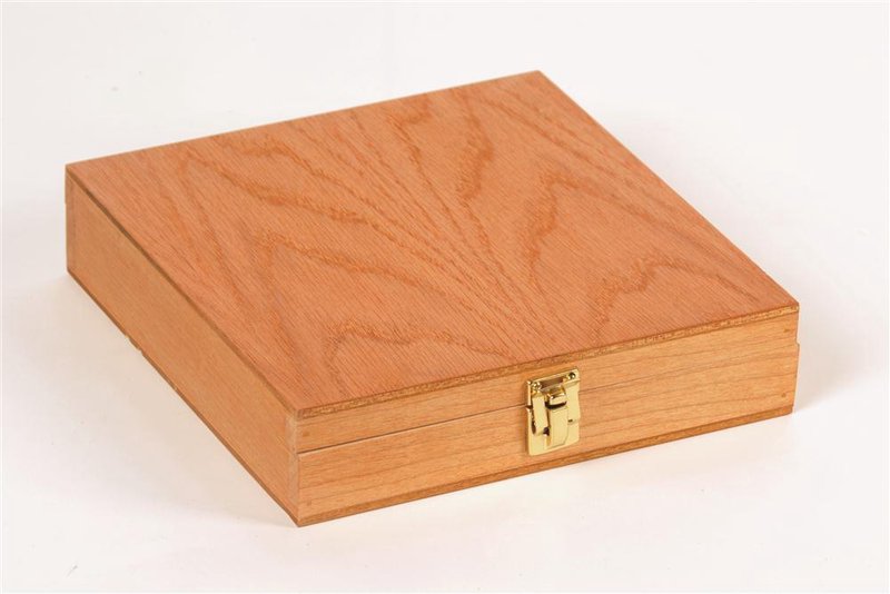 Handcrafted hardwood storage case with brass latch, made in USA, designed for organizing grain mill parts, ideal for Kitchen & Food, Grain Mills, USA Made, and Best Sellers collections.