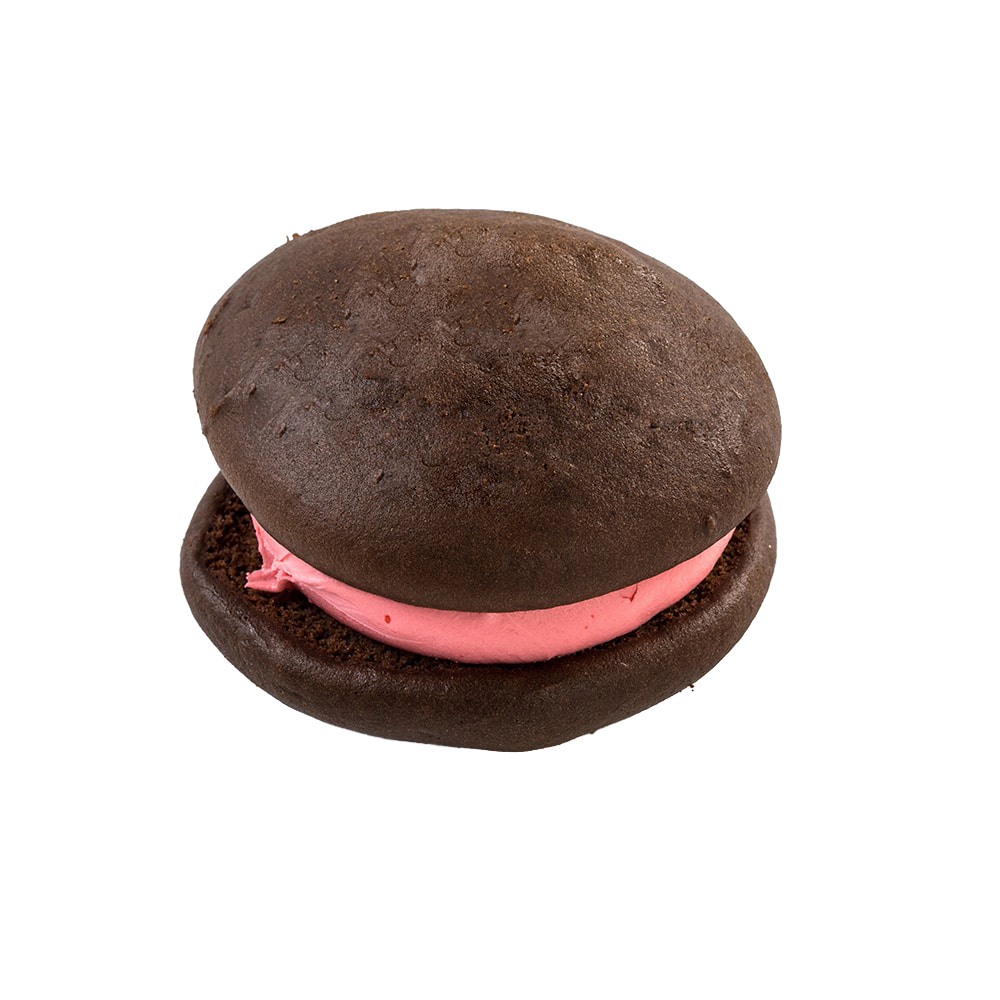 Soft chocolate cake-like whoopie pie filled with smooth strawberry cream, handcrafted in Amish Country, featured in USA Made, Kitchen & Food, and Snacks and Sweets collections.