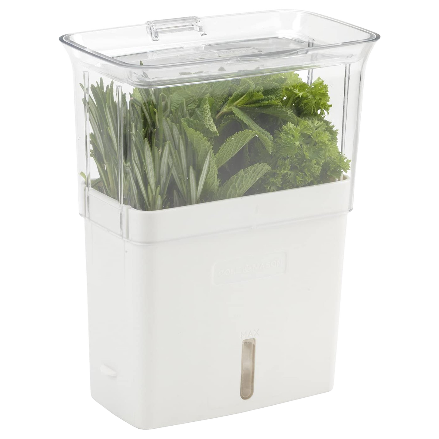 Compact herb keeper with clear top and white base featuring three removable dividers, built-in air vents, and refill window, designed to extend freshness in Kitchen & Food and Kitchen Gadgets collections.