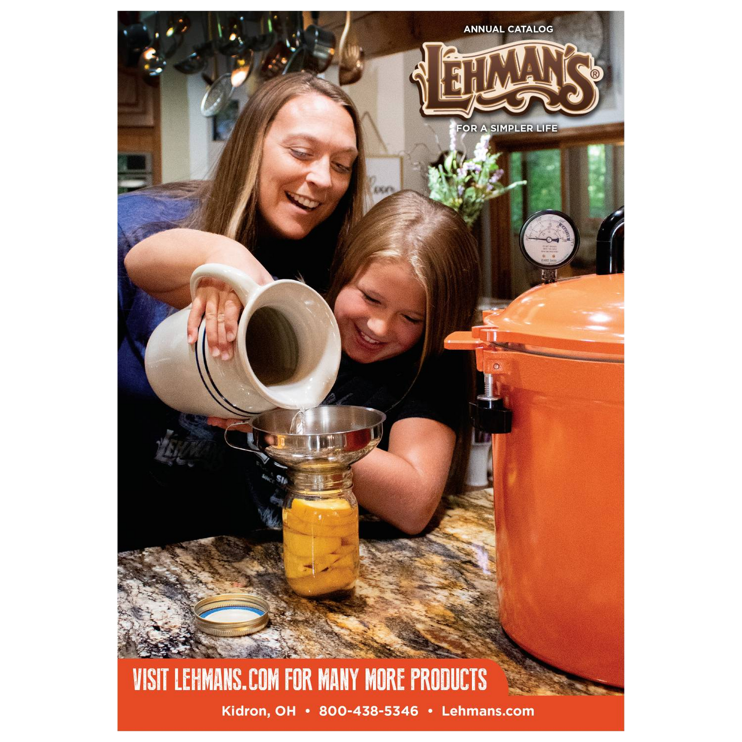 Mother and daughter filling a jar with liquid using a ceramic pitcher and funnel beside an orange canning pot, depicting a warm home and garden how-to moment in best sellers and books collections.