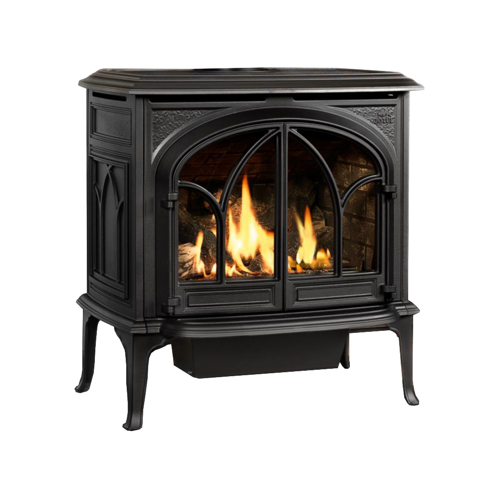 Black cast iron gas heat stove with arched glass doors showcasing bright flames inside, designed for efficient whole house heating, featured in Stoves and Heatstoves collections.