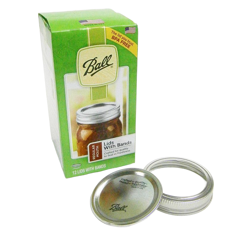 Green package of Ball canning lids and bands with 12 silver BPA-free regular mouth lids and bands, designed for Food Preservation, Canning, Kitchen & Food, and USA Made collections.