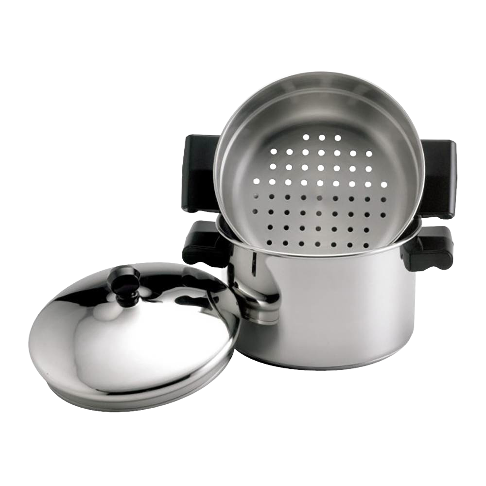 Stainless steel 3-quart stackable saucepot with steamer insert and lid, featuring black handles, ideal for Kitchen & Food, Cookware, Pots and Pans, Best Sellers, and Promo Eligible collections.