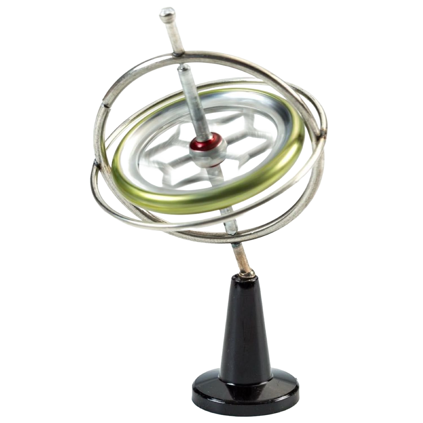 Metal gyroscope with a polished silver finish and black conical stand, demonstrating gyroscopic motion, featured in Toys, Books & Games, USA Made, Children's Toys, and Best Sellers collections.