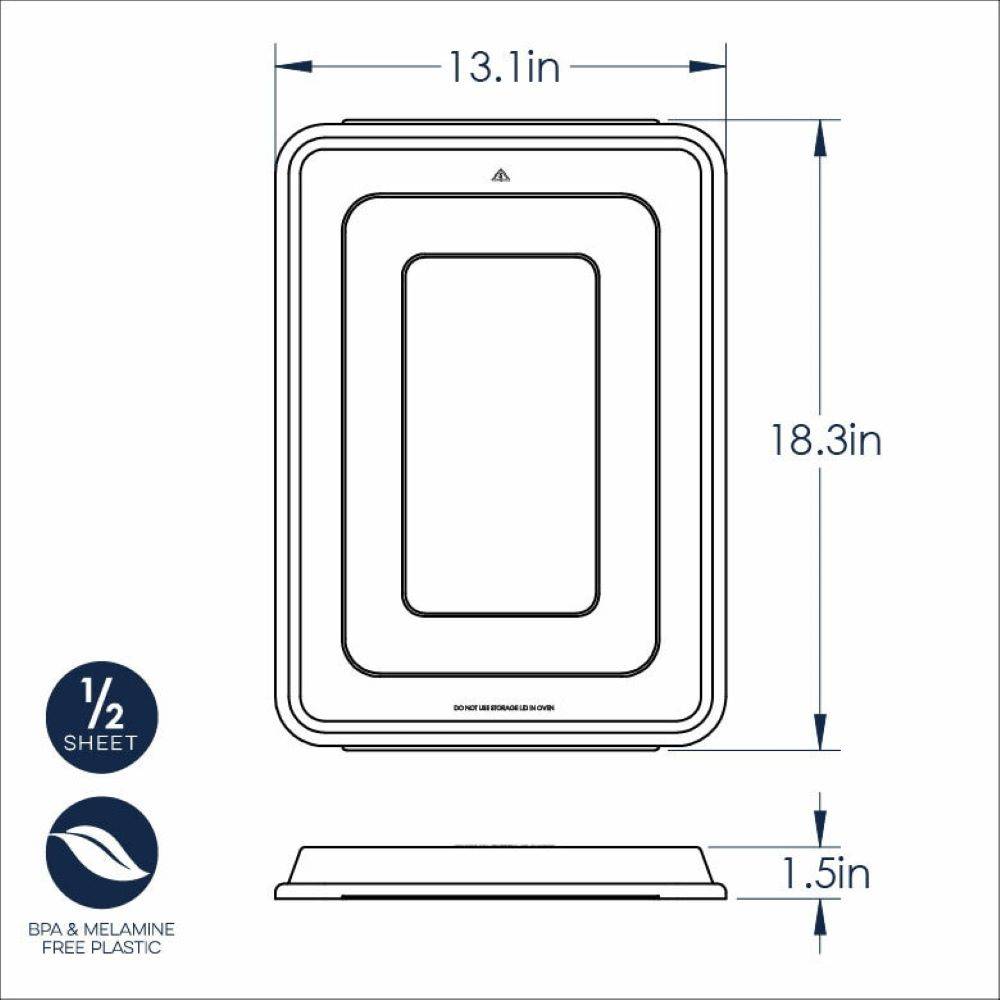 Diagram of a durable BPA and melamine-free plastic half-sheet baking pan lid measuring 13.1 by 18.3 inches with a 1.5-inch height, designed for easy storage and transport in Kitchen & Food and Baking Supplies collections.