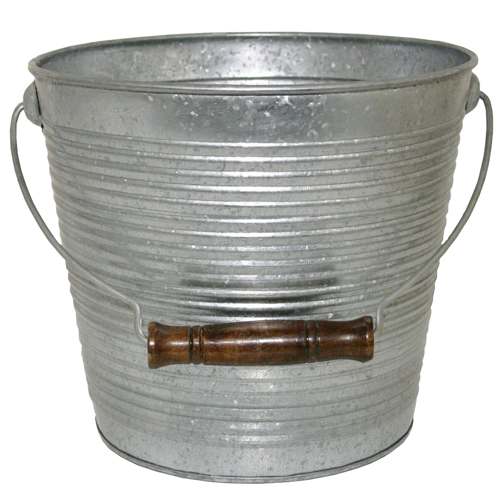 Galvanized metal ribbed bucket planter with wooden grip handle and drainage, featuring a vintage design ideal for Farm, Garden & Tool, Garden Accessories, Seeds and Planting, and Best Sellers collections.