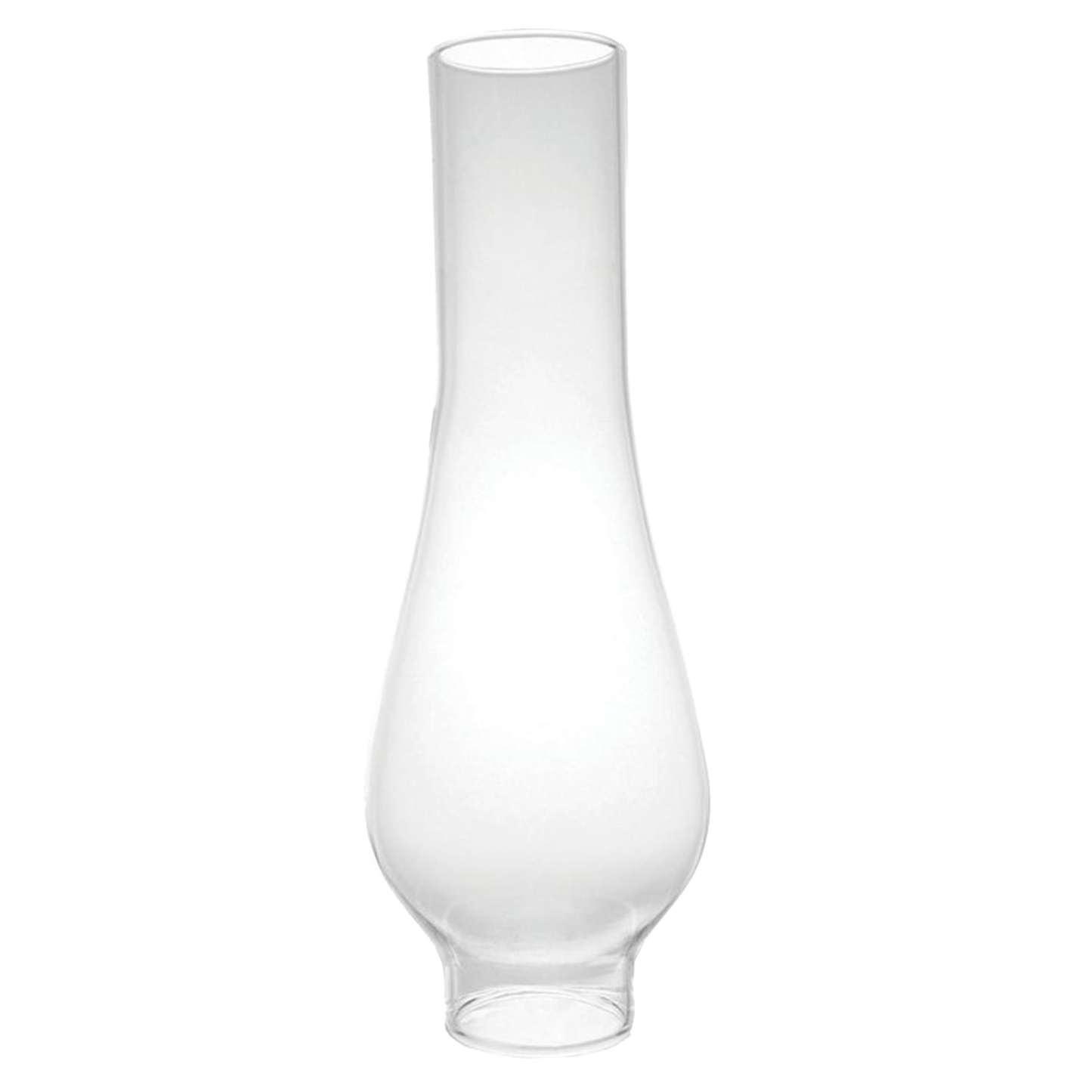 Clear glass oil lamp chimney with a 1-7/8 inch base and bulbous midsection, suitable for lamps and lighting, parts and accessories, chimneys and globes collections.