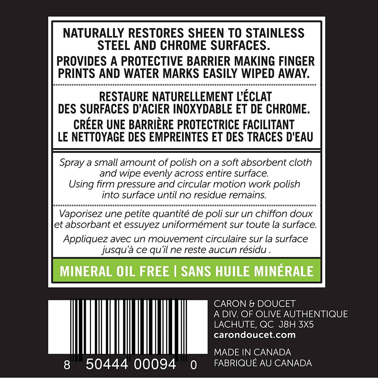 Label on a natural stainless steel and chrome polish showing usage instructions, protective benefits, and mineral oil-free formula, part of Home & Decor and Household Cleaning collections.