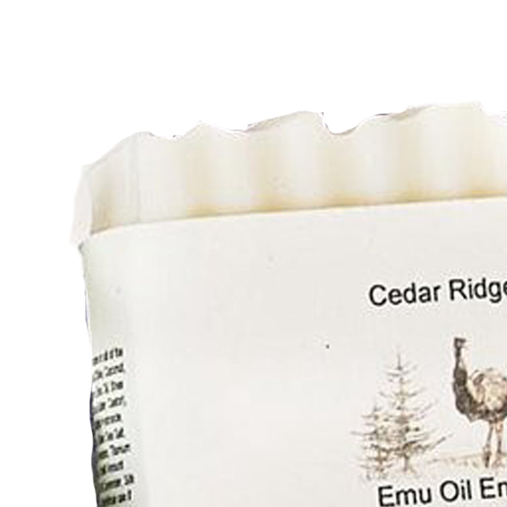 Handcrafted creamy white bar soap with textured top edge, labeled with emu illustration and natural ingredients, highlighting USA made health and wellness soap collections.