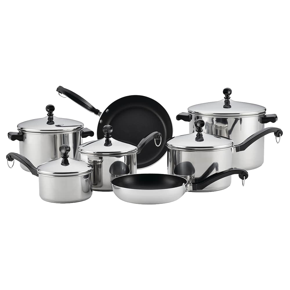 15-piece classic stainless steel cookware set with full-cap bases and black handles, including covered saucepans, stockpot, and frying pans, featured in Kitchen & Food collections.