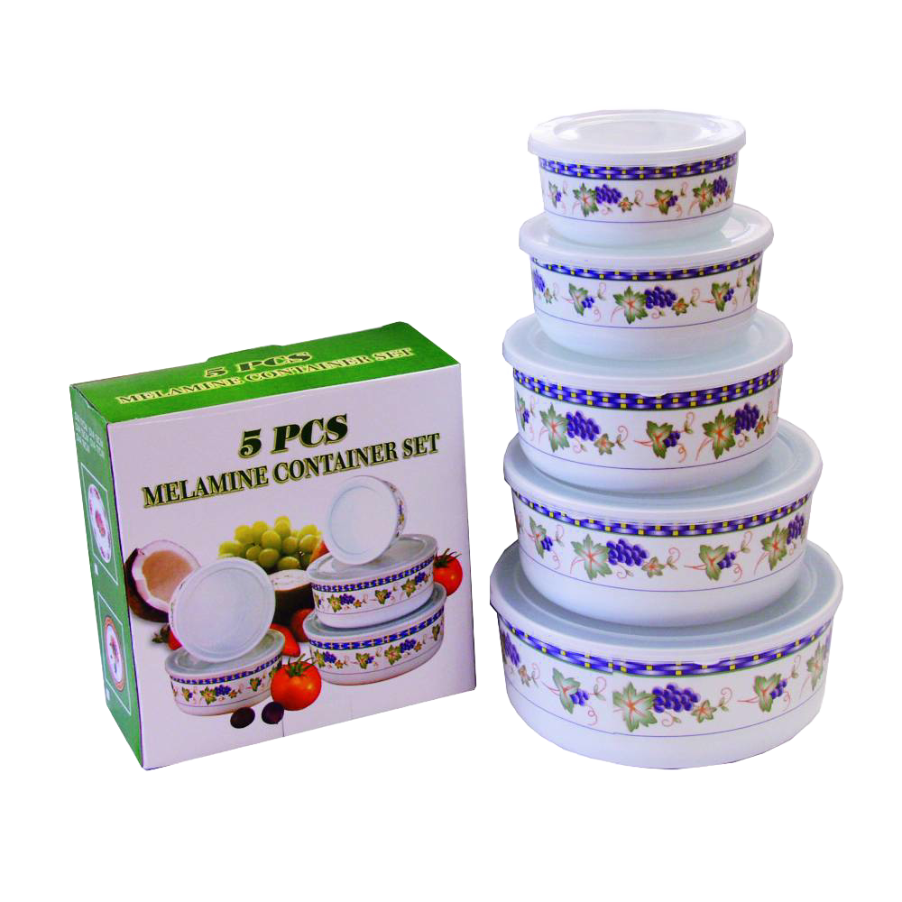 Set of five melamine storage bowls with lids featuring a decorative grape pattern, suitable for Kitchen & Food, Storage and Serving, Best Sellers, and Promo Eligible collections.